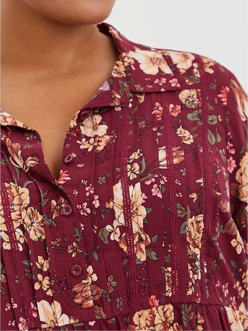 Torrid 1X Rayon Slub Lace Trim Popover Long Sleeve Floral Tunic Top - Picture 3 of 6